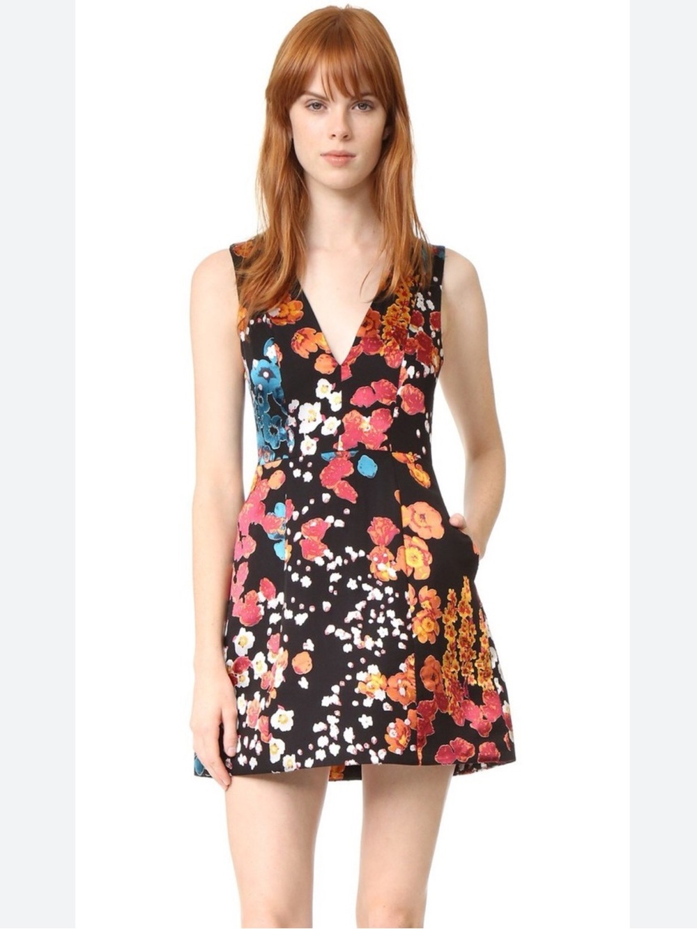 Alice + Olivia Black Floral V-Neck Mini Dress with Pink & Orange Accents
